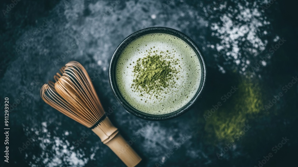 A top view of a cup of green tea with a sprinkle of matcha powder and a bamboo whisk A top view of a cup of green tea with a sprinkle of matcha powder and a bamboo whisk
