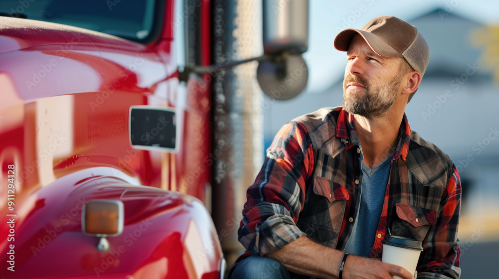 Bearded man in plaid shirt and cap sitting by red truck hitch with coffee cup in hand. Concepts of trucking, work breaks, and lifestyle on the road.