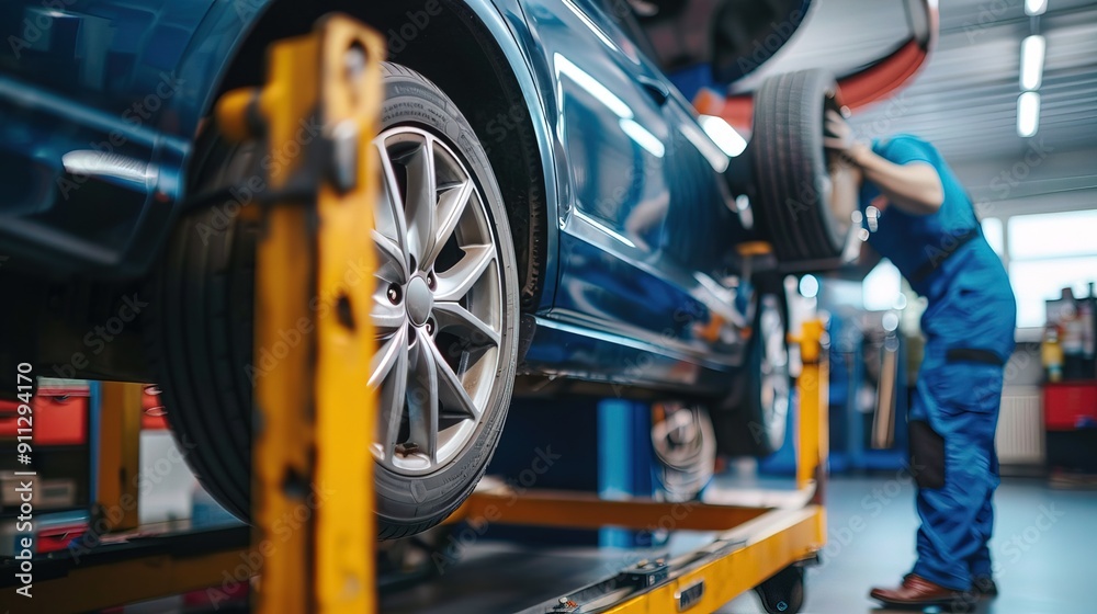 Auto mechanic balances car wheel on wheel balancing machine in garage Auto mechanic balances car wheel on wheel balancing machine in garage