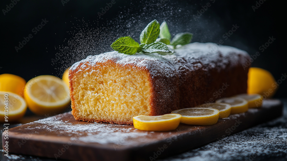 A delicious lemon pound cake topped with powdered sugar and fresh mint, served with lemon slices on a wooden board. A delicious lemon pound cake topped with powdered sugar and fresh mint, served with lemon slices on a wooden board.