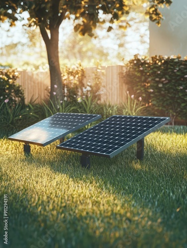 solar panels on a lawn in the sun photo