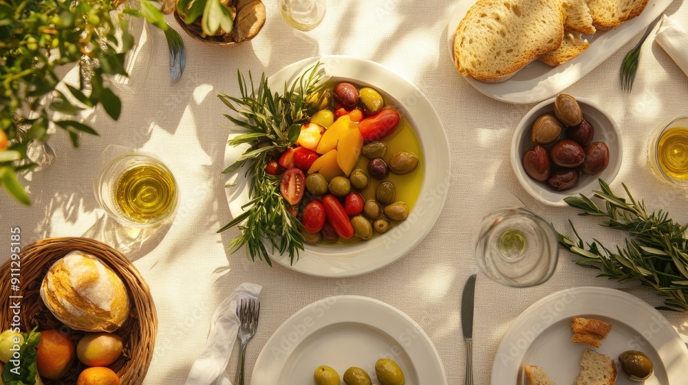 A top view of a Mediterranean-style table setting with olive oil, olives, fresh vegetables, and bread