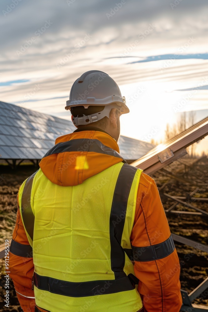 a man in an orange vest and hard hat standing in front of a wind turbine a man in an orange vest and hard hat standing in front of a wind turbine