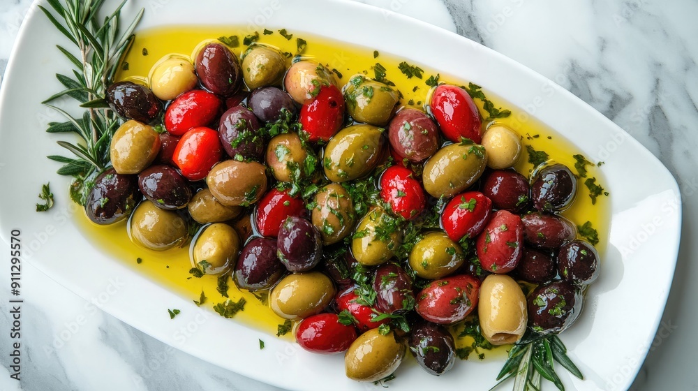 A top view of a platter of mixed olives with a drizzle of olive oil and fresh herbs on a marble surface A top view of a platter of mixed olives with a drizzle of olive oil and fresh herbs on a marble surface