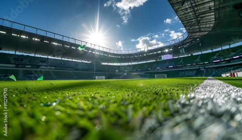 A wide angle photo of an outdoor soccer stadium with fans, grass field and lighting in the roof. The stands have green flags on them. In front there is white lines to mark the center circle. photo