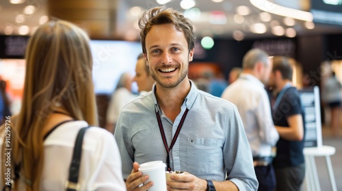 Happy male entrepreneur discussing with delegates while having coffee at convention center 