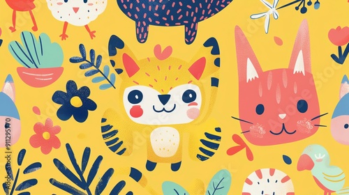 Playful children's illustration with cute animals and cheerful colors