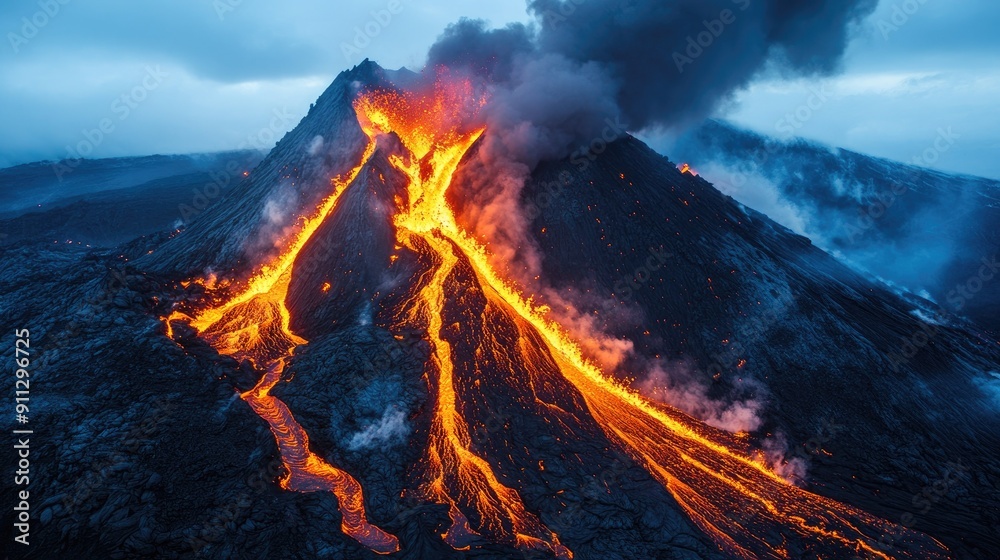 A top view of a volcanic eruption with molten lava flowing down the mountain's slope at dusk A top view of a volcanic eruption with molten lava flowing down the mountain's slope at dusk