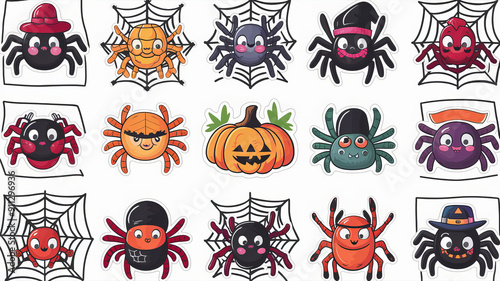 Halloween sticker pack, vector illustration, Halloween pumpkins, skeletons and spiders, festive illustrations. photo