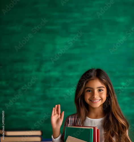 brunette student 11 - 13 years old holding textbooks in classroom with chalkboard; copy space photo