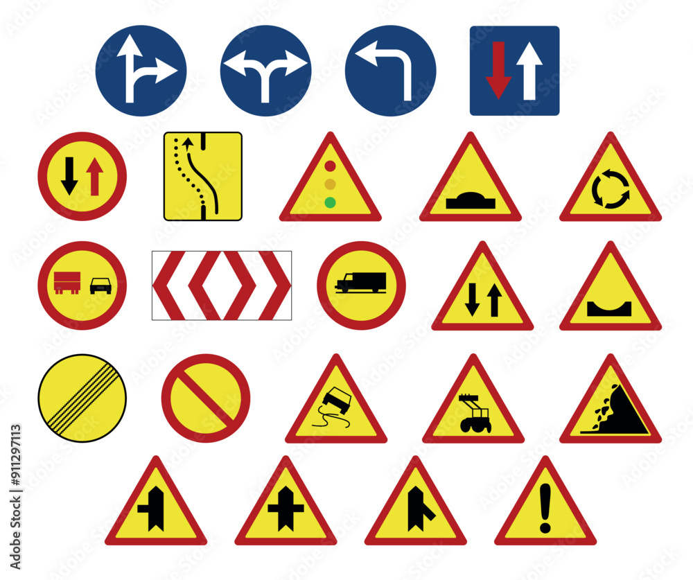 Common road sign icon set, flat design, safe transportation. Vector illustration. Common road sign icon set, flat design, safe transportation. Vector illustration.
