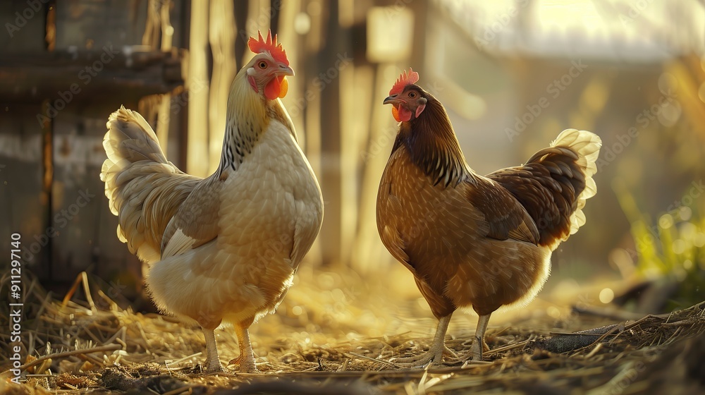 Fototapeta premium chickens on a farm in the morning light, close-up
