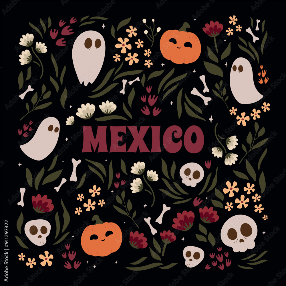 Fototapeta premium Mexico.Postcard in honor of the Day of the Dead.Traditional mexican music festival,fun bright dance characters.National hispanic heritage month banner with tropical flowers.Dark background.