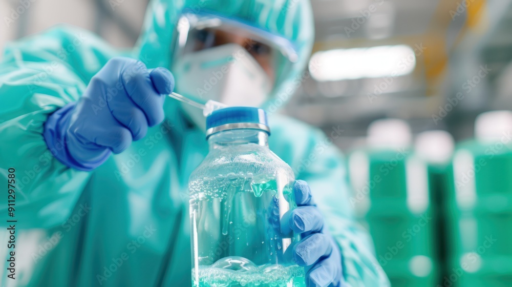 A worker in a protective suit, carefully pouring chemicals into a large industrial container A worker in a protective suit, carefully pouring chemicals into a large industrial container