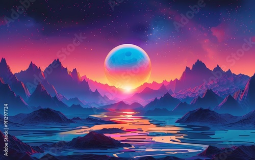 Capture an otherworldly, panoramic landscape at dusk, illuminated by glowing geometric shapes and patterns A mesmerizing blend of warm and cool tones in digital art style photo