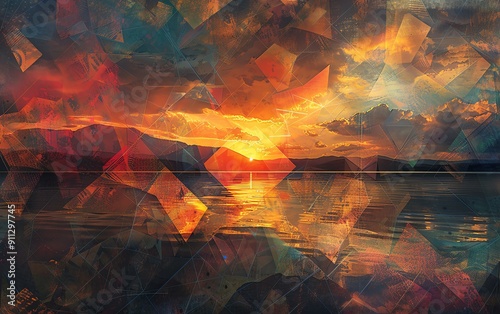 Capture an otherworldly, panoramic landscape at dusk, illuminated by glowing geometric shapes and patterns A mesmerizing blend of warm and cool tones in digital art style photo