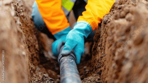 A worker in a reflective vest, inspecting underground electrical cables in a trench