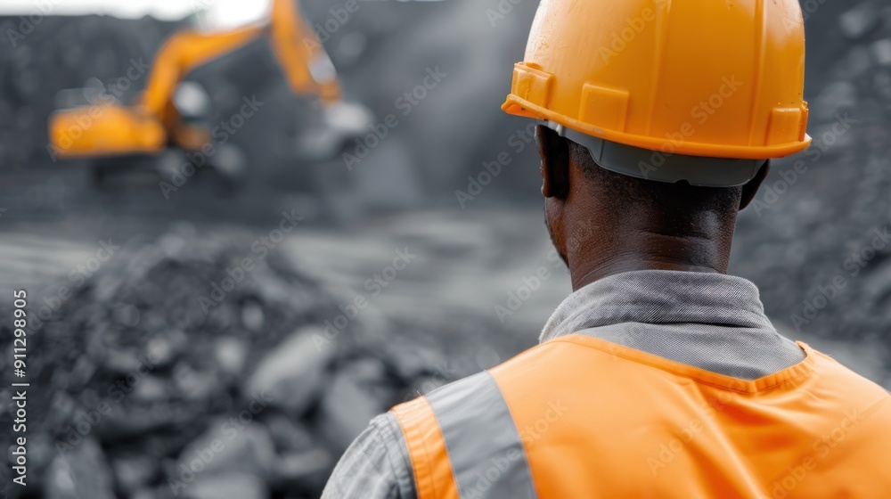 A worker in a reflective vest, monitoring machinery in an open-pit mine A worker in a reflective vest, monitoring machinery in an open-pit mine