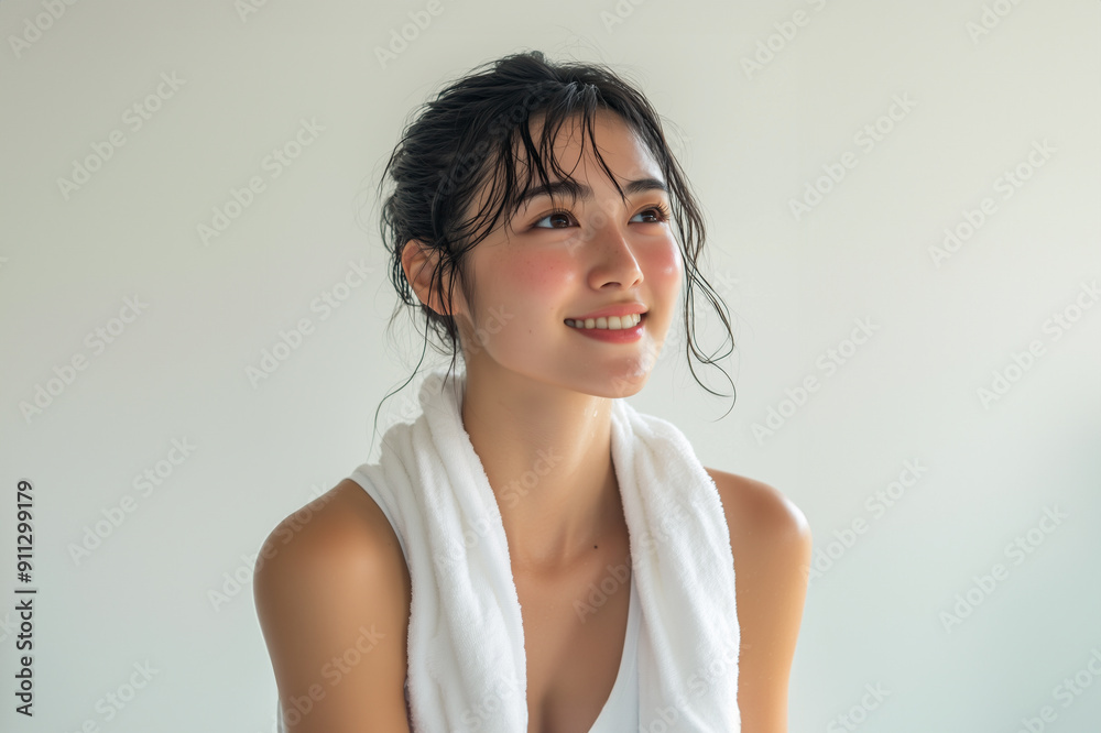 風呂上がりにタオルで体を拭くアジア人女性。白い背景。 風呂上がりにタオルで体を拭くアジア人女性。白い背景。