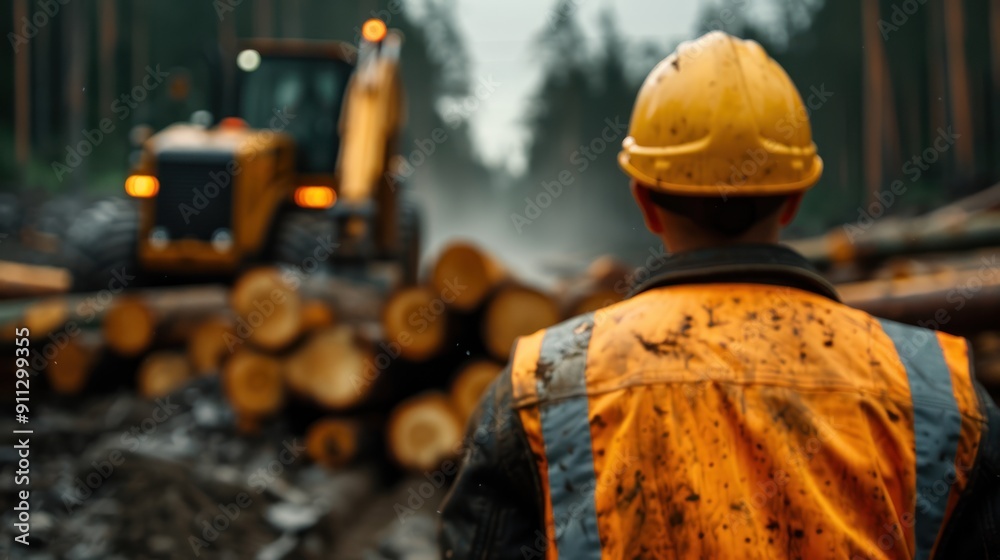 A worker in a reflective vest, using heavy machinery to transport logs