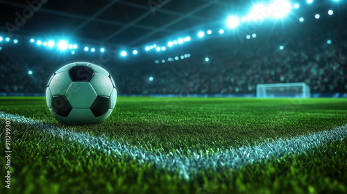 Soccer ball on the field of a stadium with lights and a crowd fans in the background, wide angle with copy space