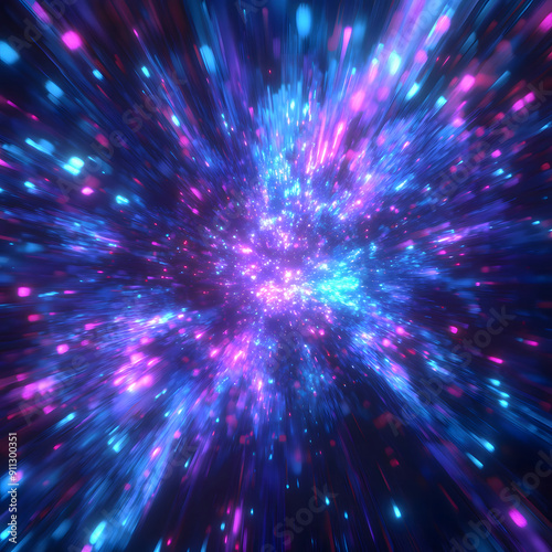 Abstract background in blue and purple neon glow colors. Speed of light in galaxy. explosion in universe. Cosmic background.