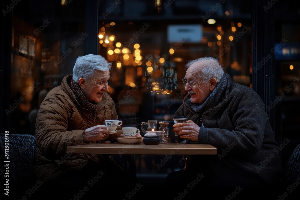 Two elderly people share a moment over coffee at a warm, dimly lit cafe, reflecting intimacy and comfort in their twilight years, emphasizing companionship and warmth. Two elderly people share a moment over coffee at a warm, dimly lit cafe, reflecting intimacy and comfort in their twilight years, emphasizing companionship and warmth.