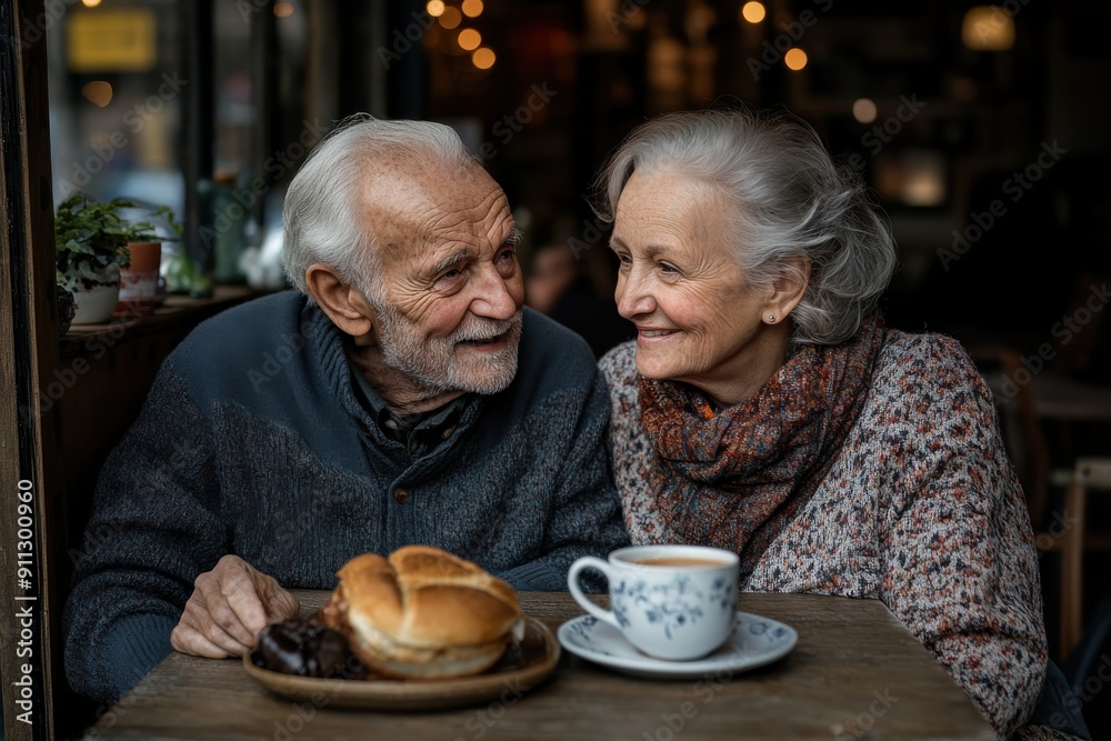 An elderly couple has breakfast together at a cafe, sharing stories and laughter, highlighting the pleasures of companionship and the joy of simple, shared meals in life. An elderly couple has breakfast together at a cafe, sharing stories and laughter, highlighting the pleasures of companionship and the joy of simple, shared meals in life.