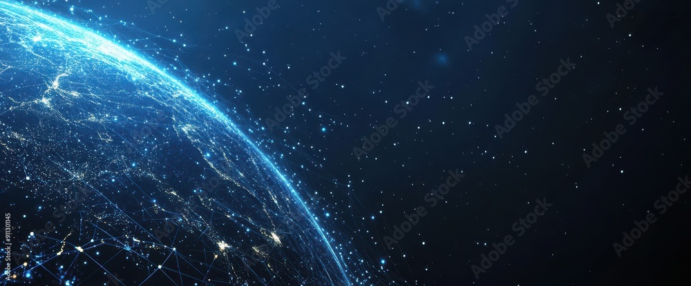Obraz premium Panoramic view of global network and telecommunication on earth, showcasing cryptocurrency and smart city integration in a wide format