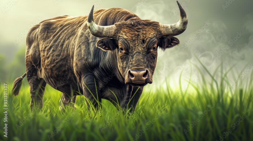 Naklejka premium Bull in a Field with Smoke in the Background