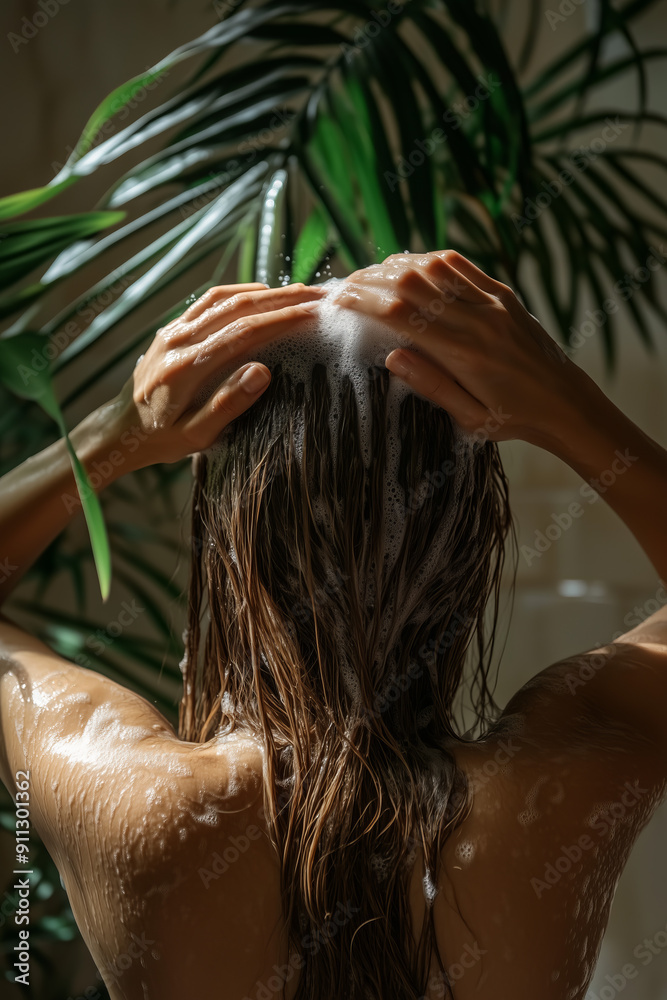 Naklejka premium Back view of woman washing hair with shampoo in shower or bathtub against natural exotic blurry background. Hygiene and spa concept.