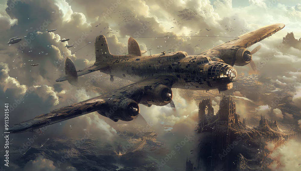 Naklejka premium Design a dystopian scene where iconic aviation milestones soar over a desolate landscape