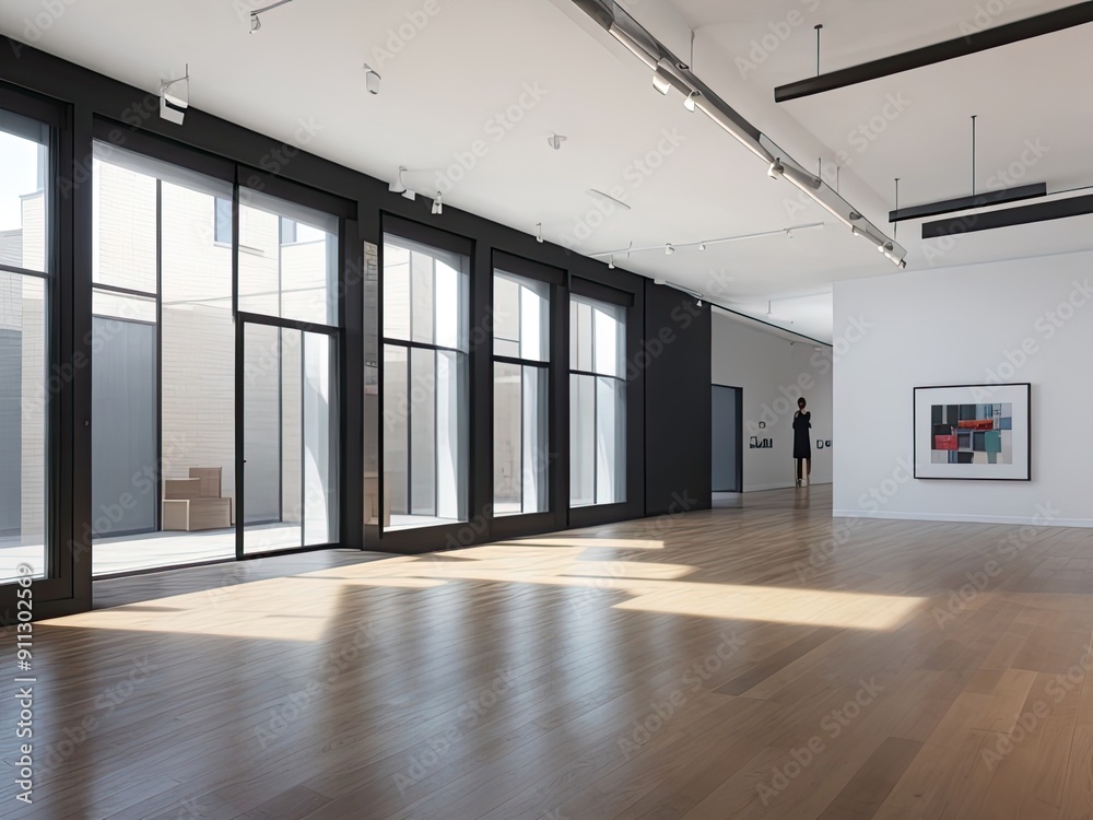 The interior of a modern, empty gallery features mockups on black walls, wooden floors, and daylight-filled windows. rendering in three dimensions. The interior of a modern, empty gallery features mockups on black walls, wooden floors, and daylight-filled windows. rendering in three dimensions.