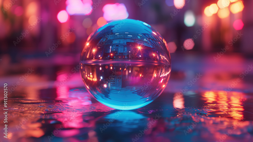 Crystal ball capturing vibrant city lights and neon reflections on a wet street. Concepts of urban beauty, nightlife, and artistic perspectives. Crystal ball capturing vibrant city lights and neon reflections on a wet street. Concepts of urban beauty, nightlife, and artistic perspectives.