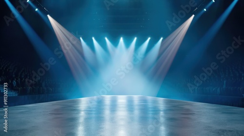 Empty stage with spotlights shining in a dark auditorium, creating a dramatic and atmospheric scene.