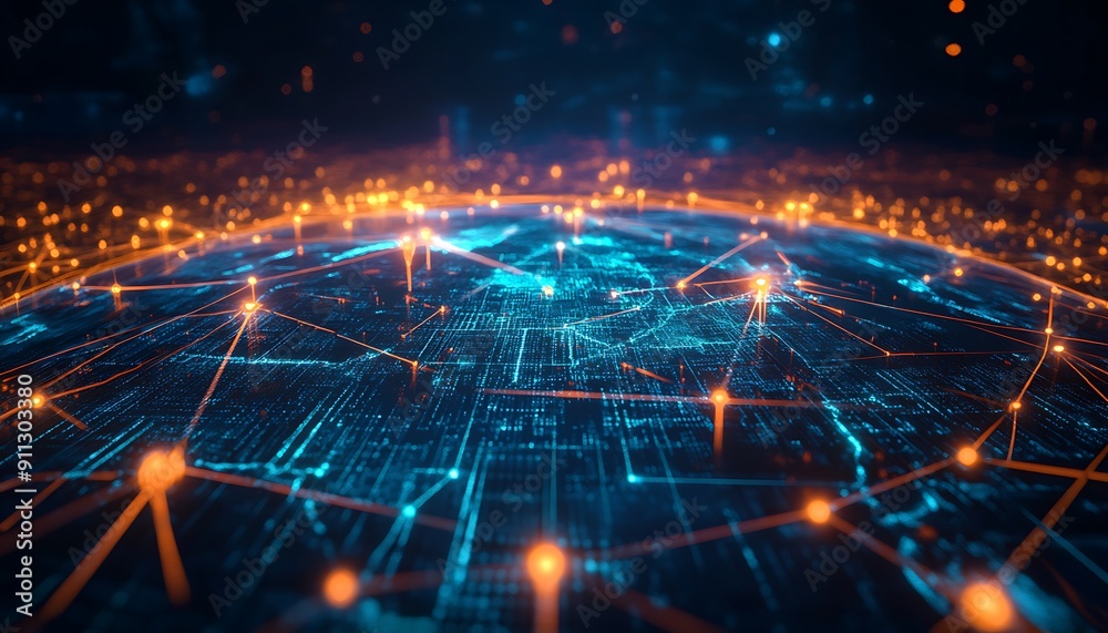 Connected World Illustration with Glowing Nodes and Data Connections Over a Global Map Connected World Illustration with Glowing Nodes and Data Connections Over a Global Map