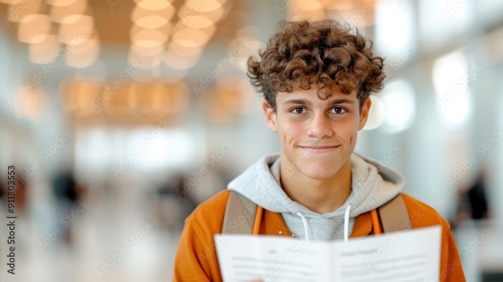 A young man collecting brochures and business cards from various booths at a career fair