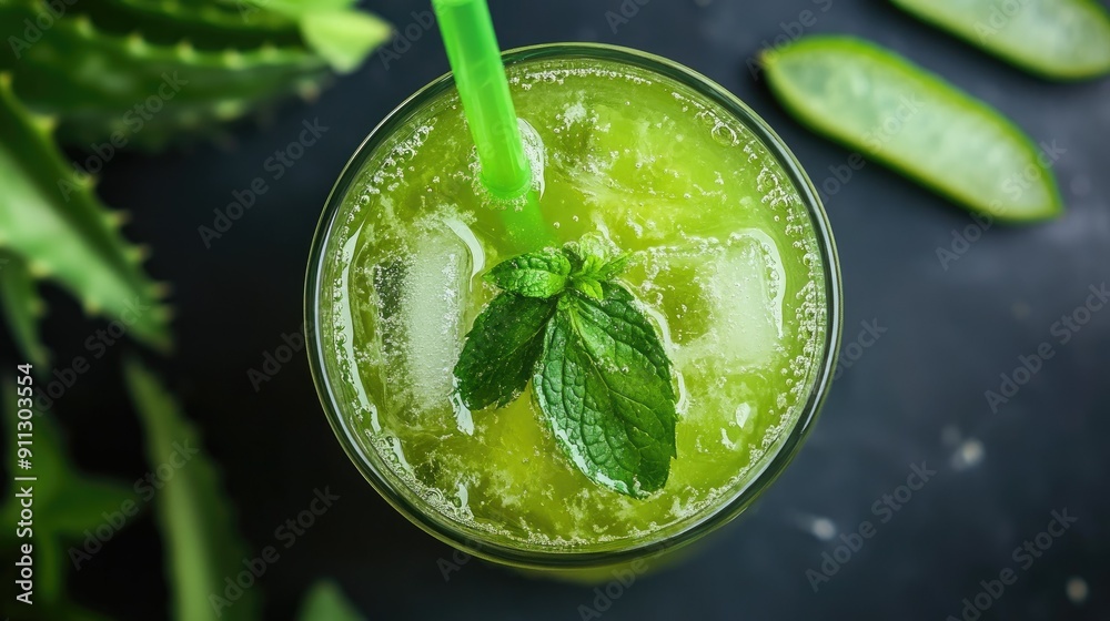 Top view of a refreshing green tea with aloe vera and mint, served in a glass with a straw Top view of a refreshing green tea with aloe vera and mint, served in a glass with a straw