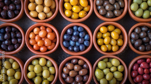 Top view of a selection of olives in various colors and sizes, displayed in small ceramic bowls