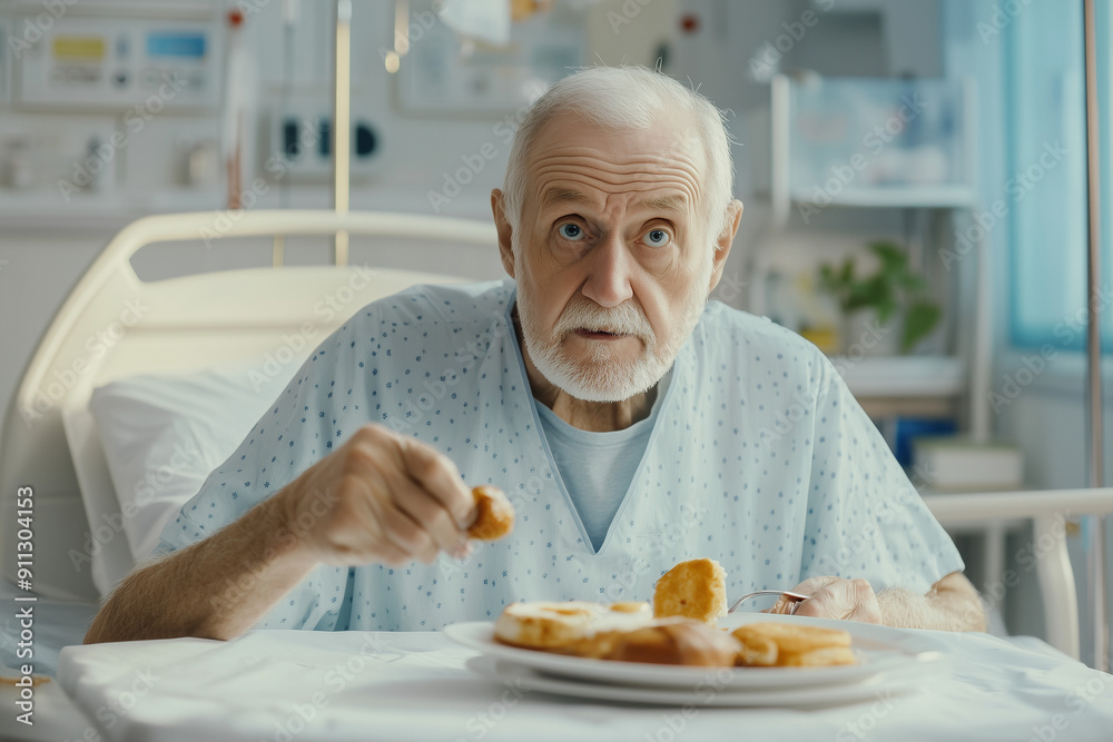 senior person, man eating breakfast in bed. in hospital ward, healthy diet and rehabilitation. senior person, man eating breakfast in bed. in hospital ward, healthy diet and rehabilitation.