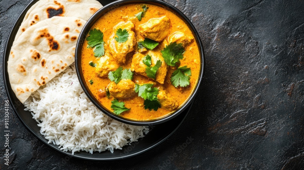 Top view of a serving of rich and flavorful korma curry with chicken, served with basmati rice and naan Top view of a serving of rich and flavorful korma curry with chicken, served with basmati rice and naan