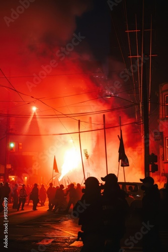 a fire is burning in the street at night photo