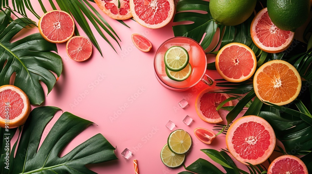 creative summer pink concept background with drink and fruits and tropical leaves 