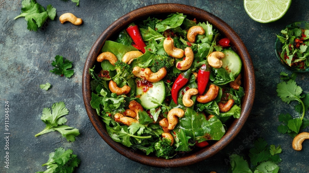 Top view of a spicy cashew salad with mixed greens, roasted cashews, and a tangy chili lime dressing, garnished with fresh herbs. Top view of a spicy cashew salad with mixed greens, roasted cashews, and a tangy chili lime dressing, garnished with fresh herbs.