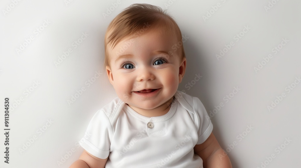 Adorable Baby Smiling in White Onesie on Plain Background - Capturing Pure Joy and Innocence Adorable Baby Smiling in White Onesie on Plain Background - Capturing Pure Joy and Innocence