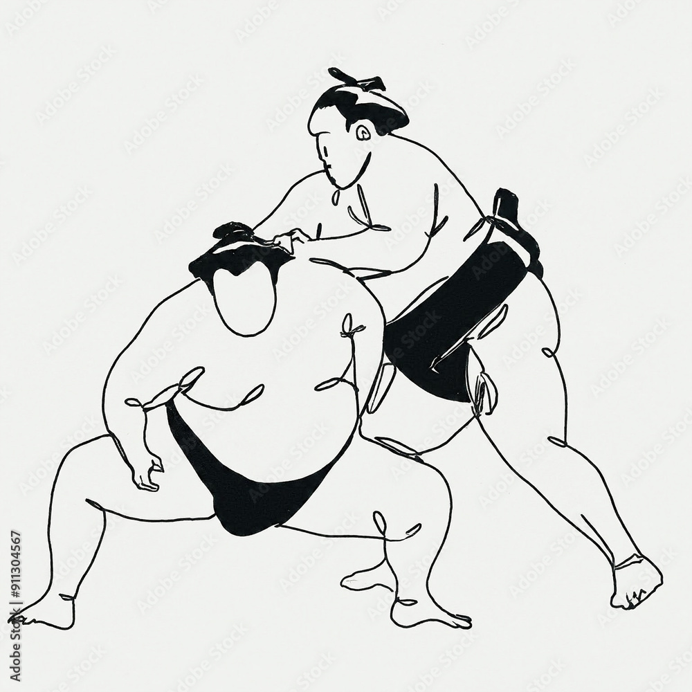 Japanese wrestler, sumo one line art. Continuous line drawing japan, fight, obesity, big man, person, pre-fight greeting, athlete, training, form, sport. Japanese wrestler, sumo one line art. Continuous line drawing japan, fight, obesity, big man, person, pre-fight greeting, athlete, training, form, sport.