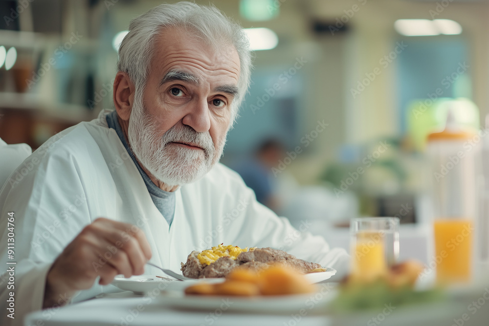senior person, man eating breakfast in bed. in hospital ward, healthy diet and rehabilitation. senior person, man eating breakfast in bed. in hospital ward, healthy diet and rehabilitation.