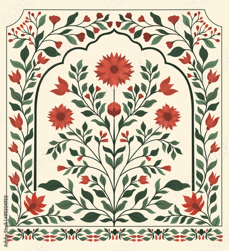 Mughal decorative ornamental floral. Vintage intricate traditional mughal style with flowers and foliage.