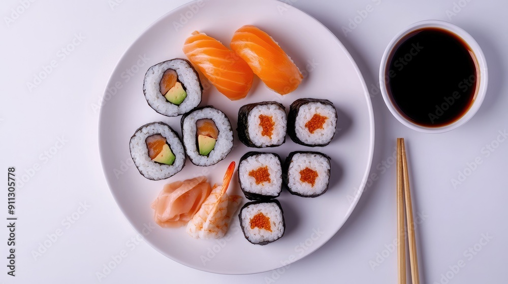 Top view of a sushi plate with a mix of classic and modern rolls, accompanied by soy sauce and chopsticks. Top view of a sushi plate with a mix of classic and modern rolls, accompanied by soy sauce and chopsticks.