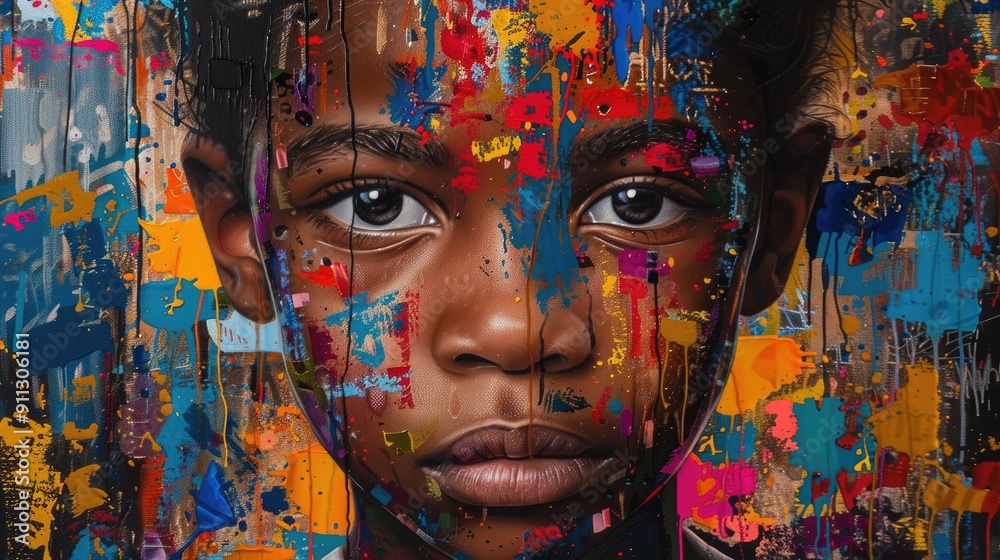 Young boy posing with colorful paint splattered on face, conceptual portrait Young boy posing with colorful paint splattered on face, conceptual portrait